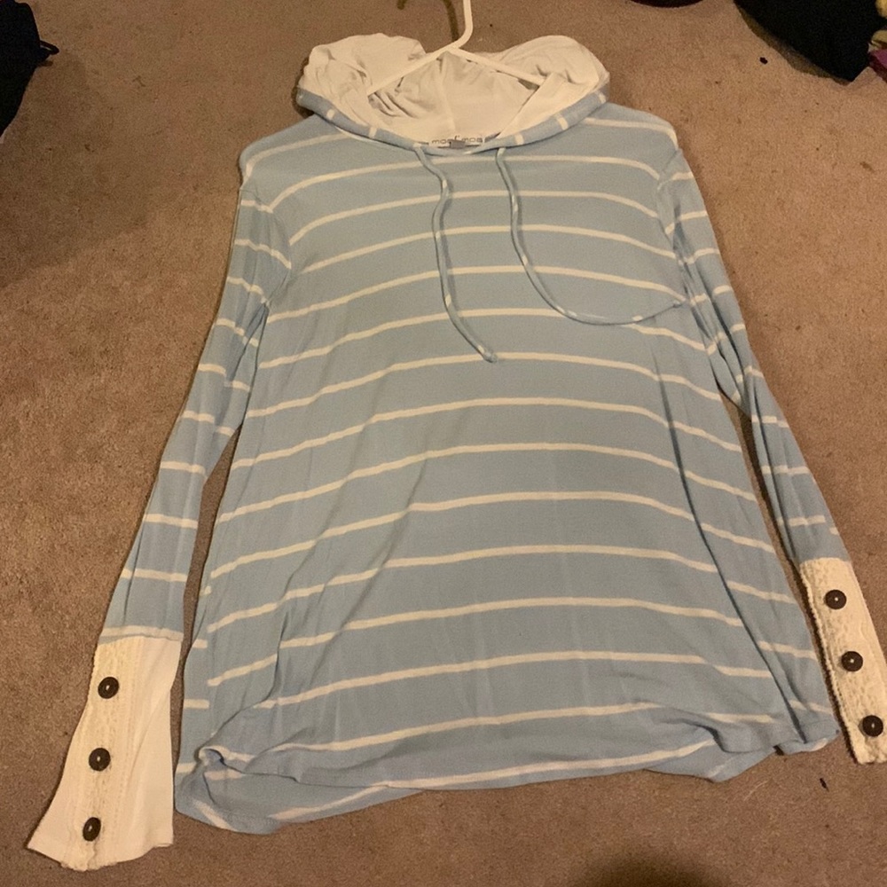 Blue and White Striped Hooded Sweatshirt with button and lace cuffs
